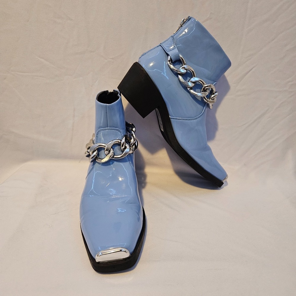 Rare Blue Cuban Chelsea Faux Leather Boots Silver Chain Men Sz 7